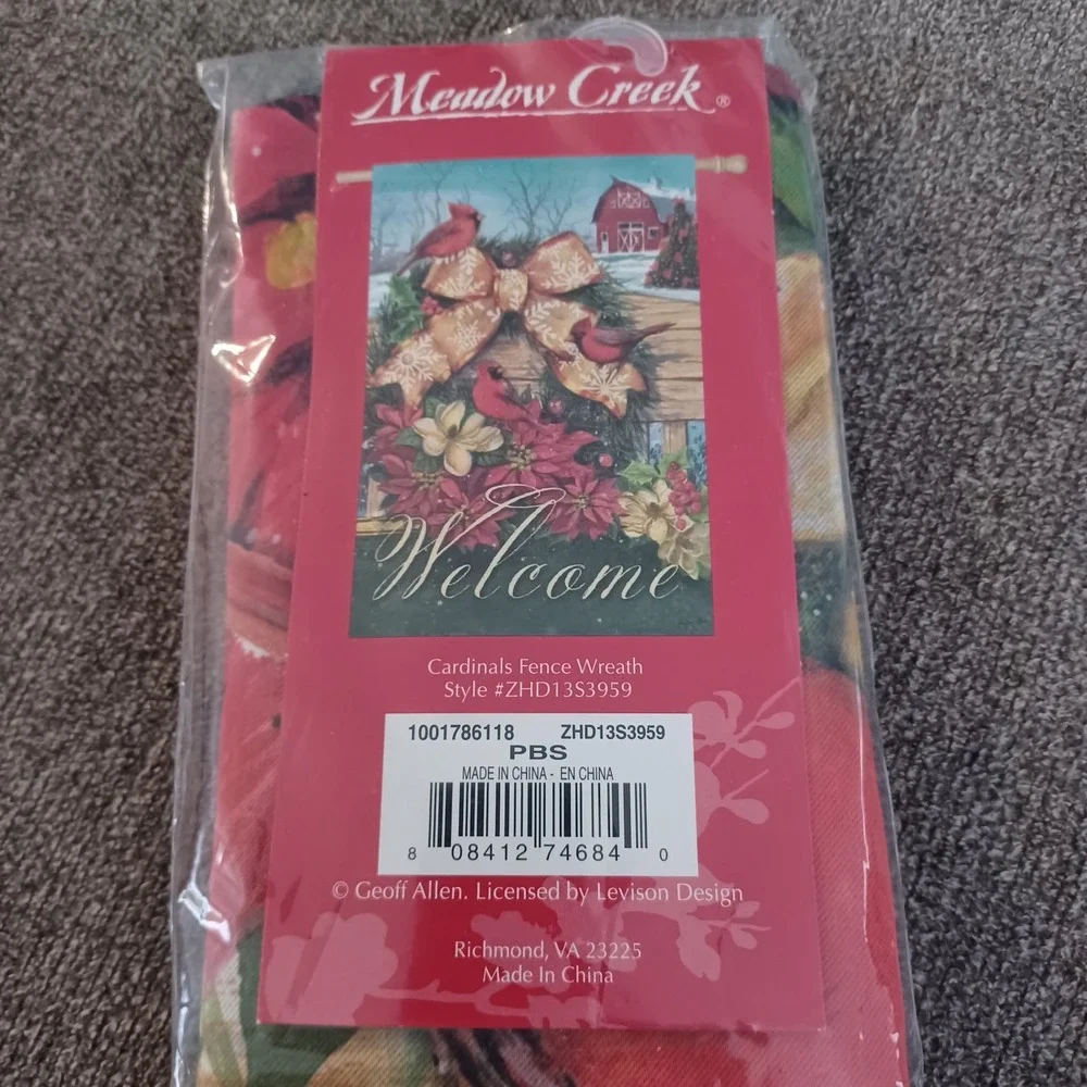 Meadow Creek Lg 29X43 Welcome Flag Cardinals Christmas Wreath Printed Both Sides